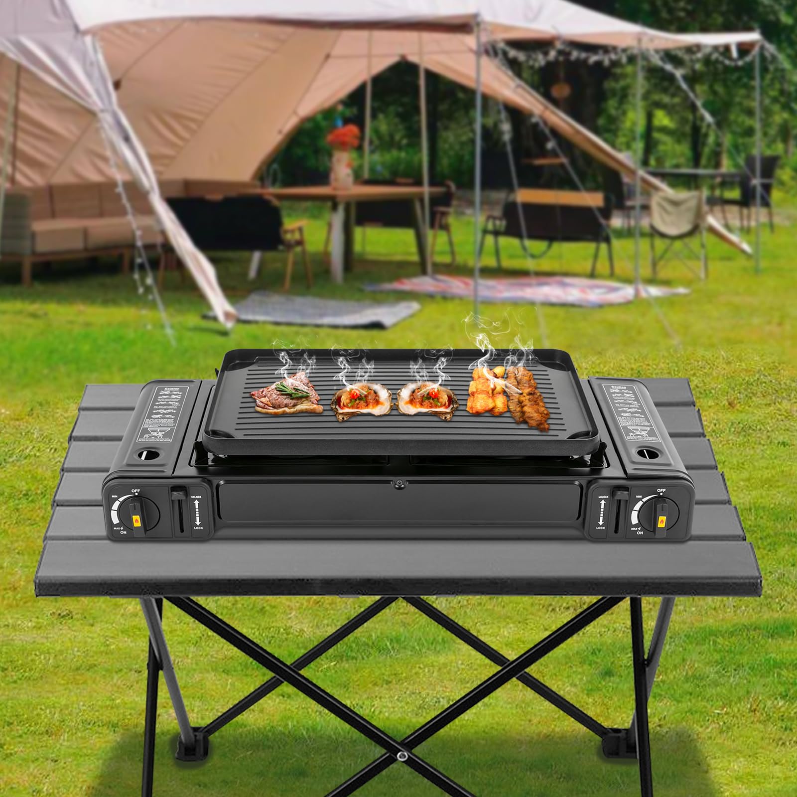Réchaud à gaz de camping portable 2 feux noir fonte d'aluminium couvercle amovible