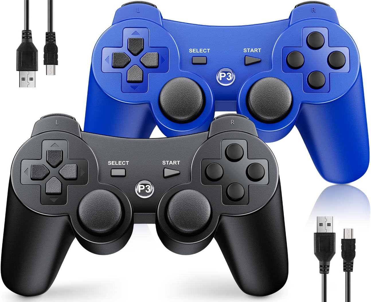 Controllers 2 Pack for PS3 Wireless Controller for Sony Playstation 3, Double Shock 3, Bluetooth, Rechargeable, Motion Sensor, 2 USB Charging Cords, 360° Analog Joysticks, Remote for PS3 Controller