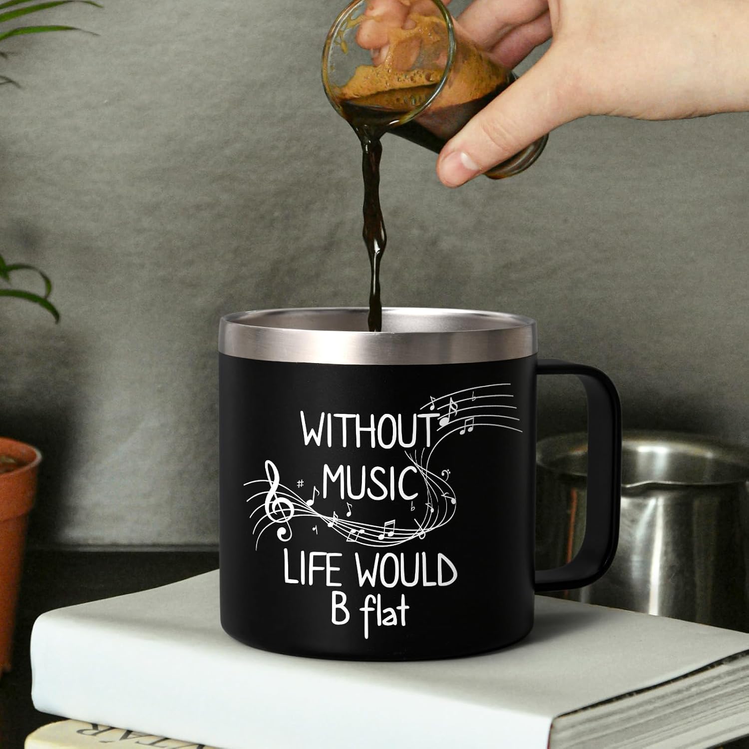 Lifecapido Music Teacher Appreciation Gift - 'Without Music Life Would B Flat' Coffee Mug for Musicians, Men - Stainless Steel With Lid, Black - Image 3