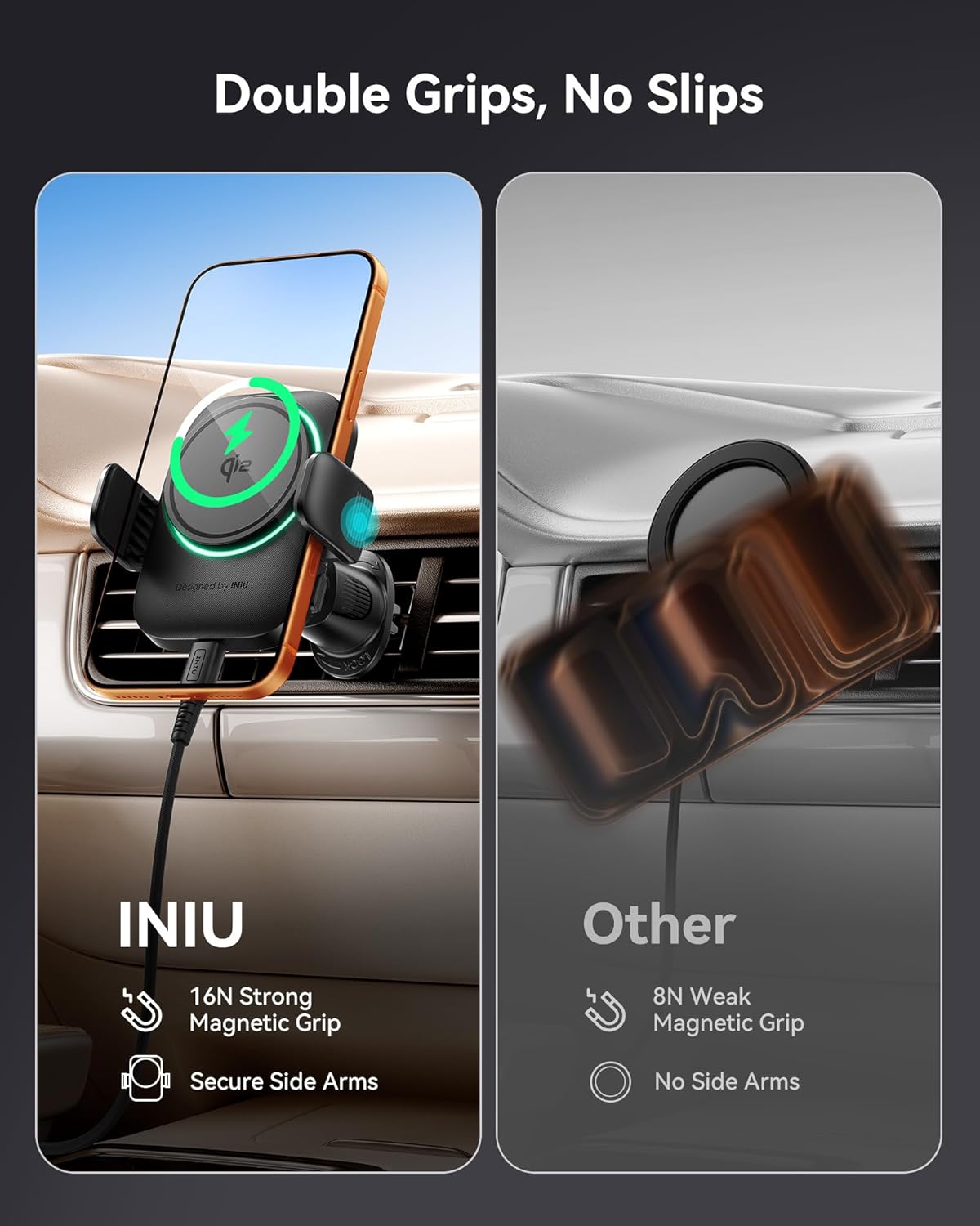 INIU Car Phone Holder showing strong magnetic grip and secure side arms compared to a weaker alternative