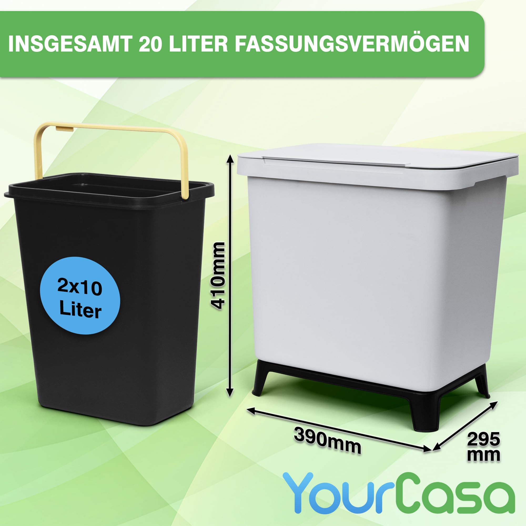 YourCasa Mülleimer Küche 2 Fächer [20L] im exklusiven Design - Mülltrennsystem mit Deckel und Fuß - Abfalleimer groß mit 2x10L herausnehmbaren Eimern Küchenabfalleimer recycling (Hellgrau, 20 Liter)