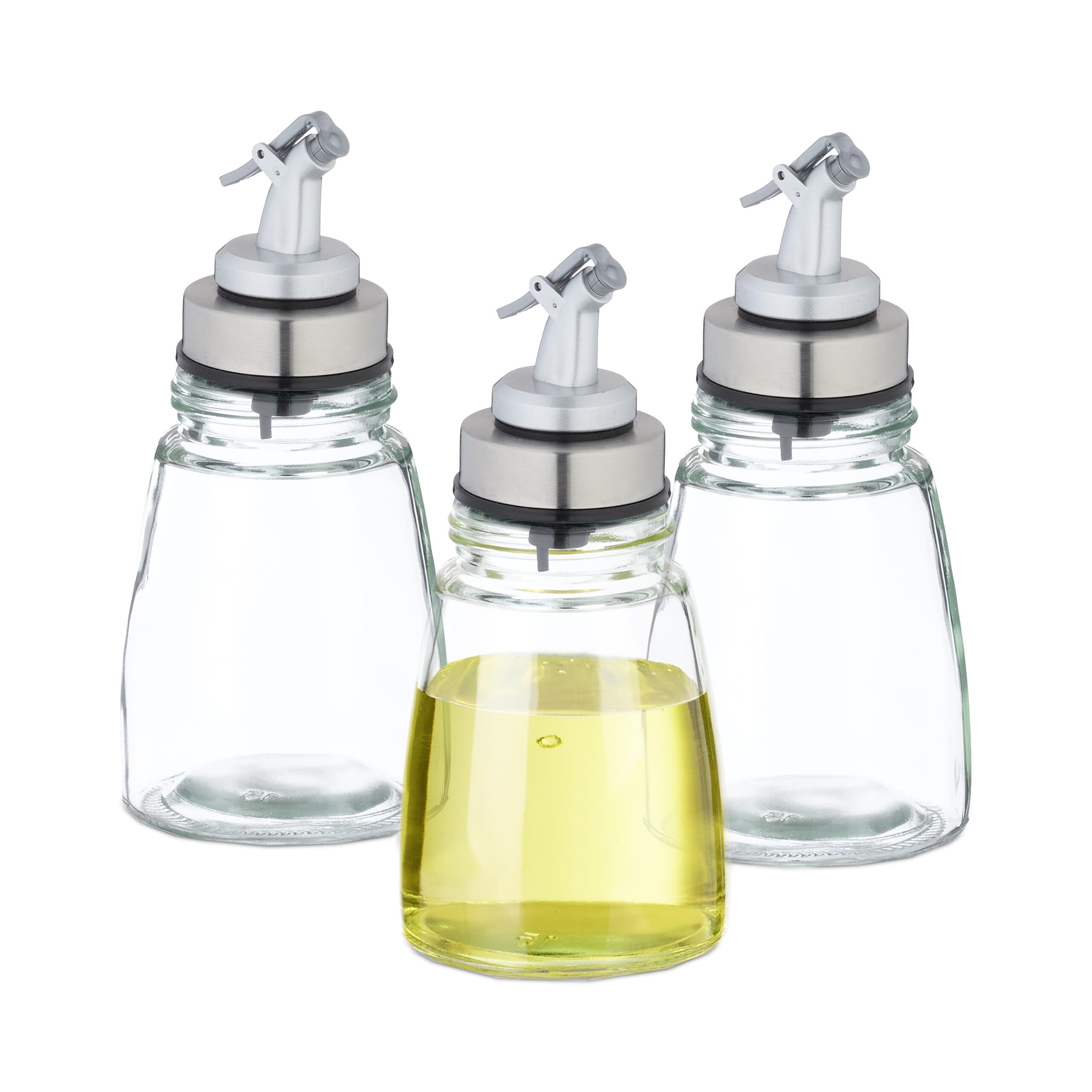 Relaxdays Glass Oil Bottles, Set of 3, Vinegar Dispenser, Airtight, Drip-Free Stainless Steel Pourer, Refillable, Clear