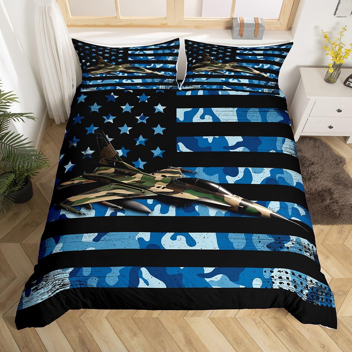 Airplane Duvet Cover Set Double Size, Army Camouflage Aircraft Bedding Set 3pcs for Kids Boy Bedroom Decor, Blue Camo American Flag Comforter Cover Soft Polyester Quilt Cover with 2 Pillowcases โ image 1