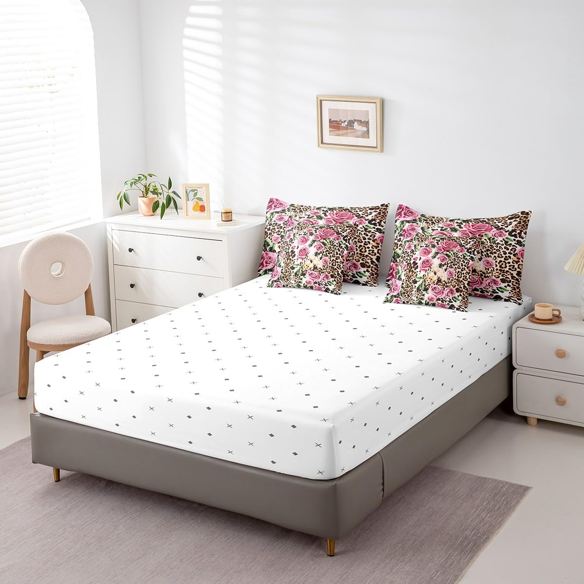 Feelyou Girls Leopard Print Comforter Set Twin Size 7 Pieces Women Rose Floral Print Bedding Set for Adults Luxury Cheetah Print Bed in a Bag Romantic Flowers Room Decor Comforter with Sheets