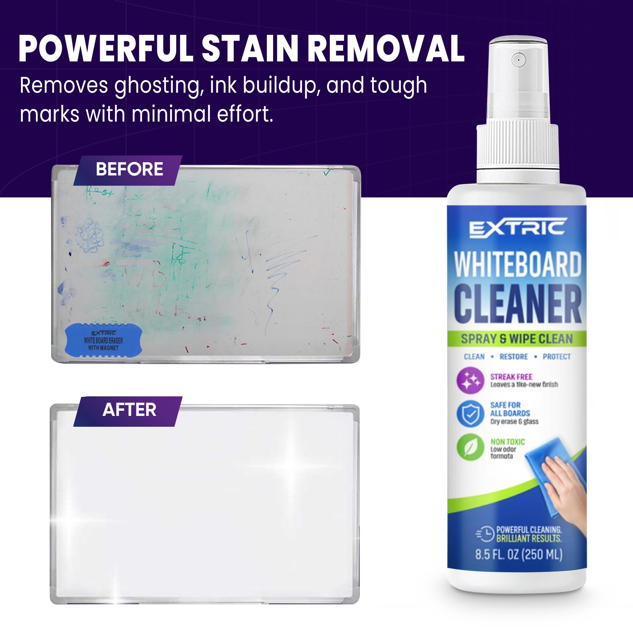 EXTRIC- Limpiador de pizarra blanca, 8,5 oz, limpiador de pizarra blanca, aerosol limpiador de pizarra blanca, paquete de 3 aerosoles de borrado en seco