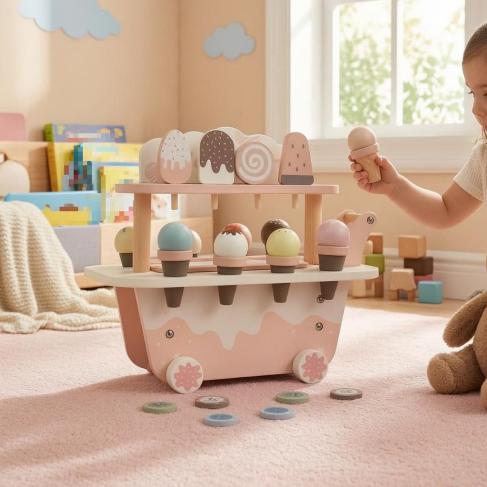 Kinder Spielwagen Holz Eisladen Wagen Kinderwagen Rollenspiel Spielzeugwagen mit Zweistufiger Präsentationsablage Robuster Holzbau Schiebegriff Räder für Innenraum Zuhause