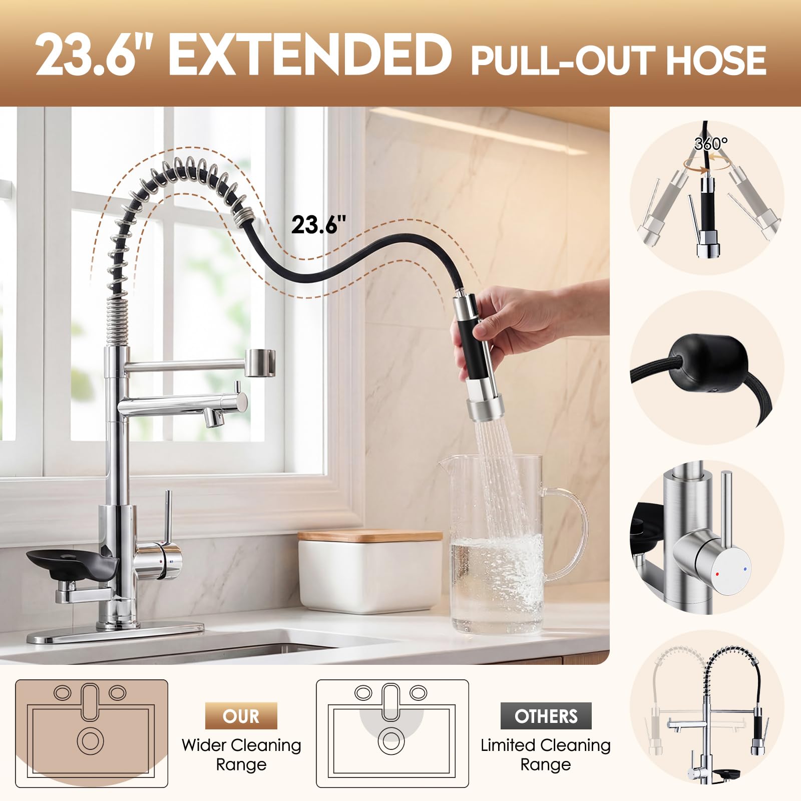 Wasserhahn Küche Hochdruck, Edelstahl 304 Gewerbefederarmatur mit Spülbecherhalter, 2 Wasserstrahlarten, 360° Schwenkbar, Einhandmischer