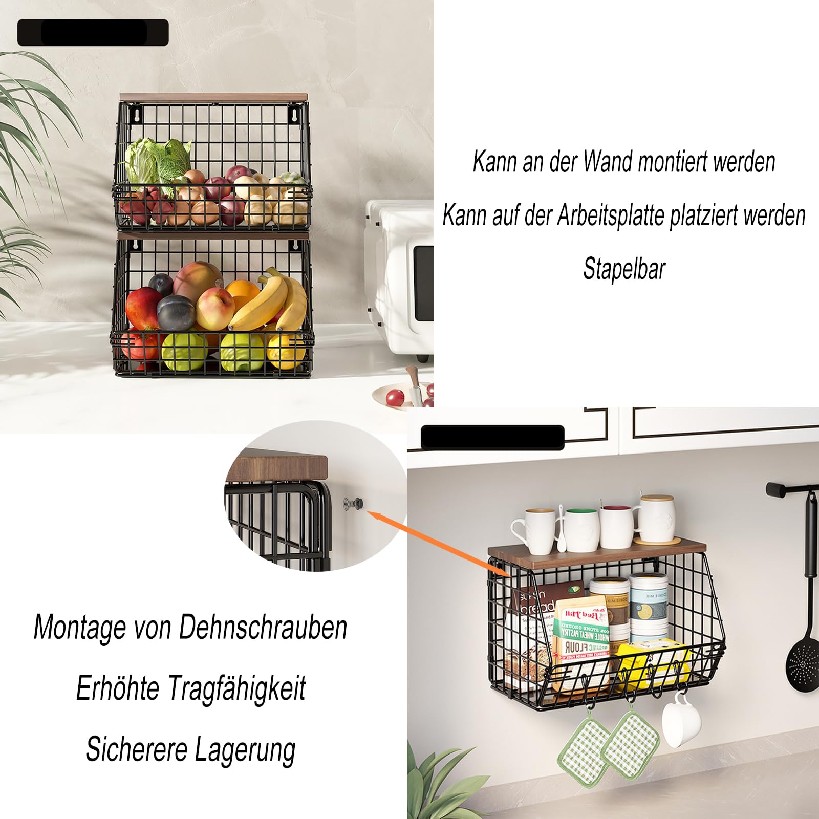 Frutero y Organizador de Cocina Plegable | Almacenaje Apilable para Mesa y Pared | con Tabla de Madera y Ganchos | Negro, Acero al Carbono