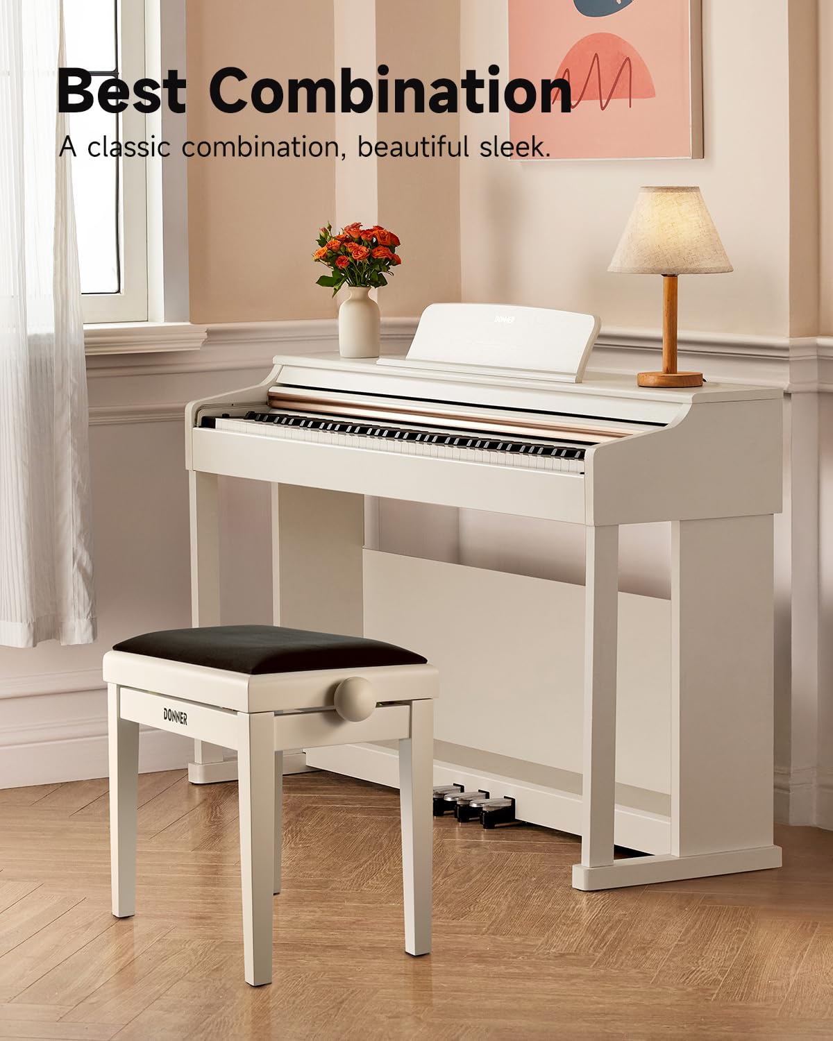 Donner Sgabello per pianoforte regolabile in legno massello con seduta in spugna ad alta densità, sgabello in legno con dispositivi di sollevamento in metallo, bianco