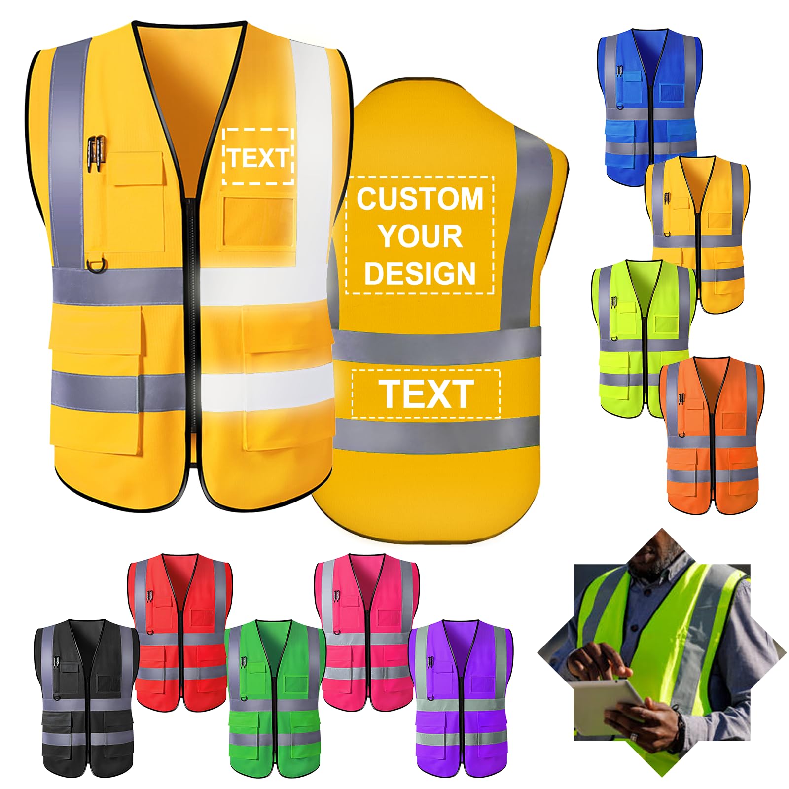Custom Safety Vests Logo Text Name High Visibility Reflective Vest Pockets Zipper Personalized Class 2 for Women Men Construction Security Workwear