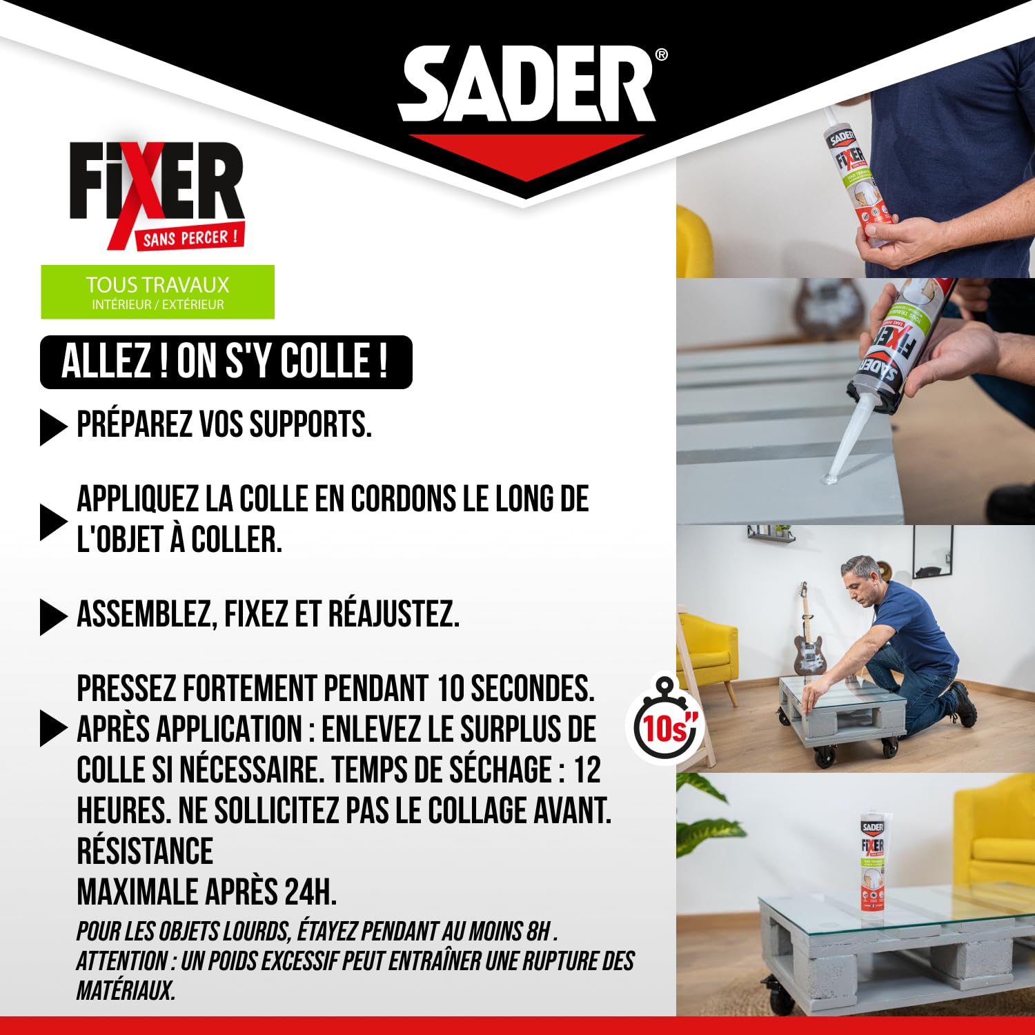 SADER FIJER Sin taladrar cualquier trabajo interior y exterior transparente – Masilla de pegamento híbrido, pegado potente, cualquier material, se puede pintar, tubo de 50 g