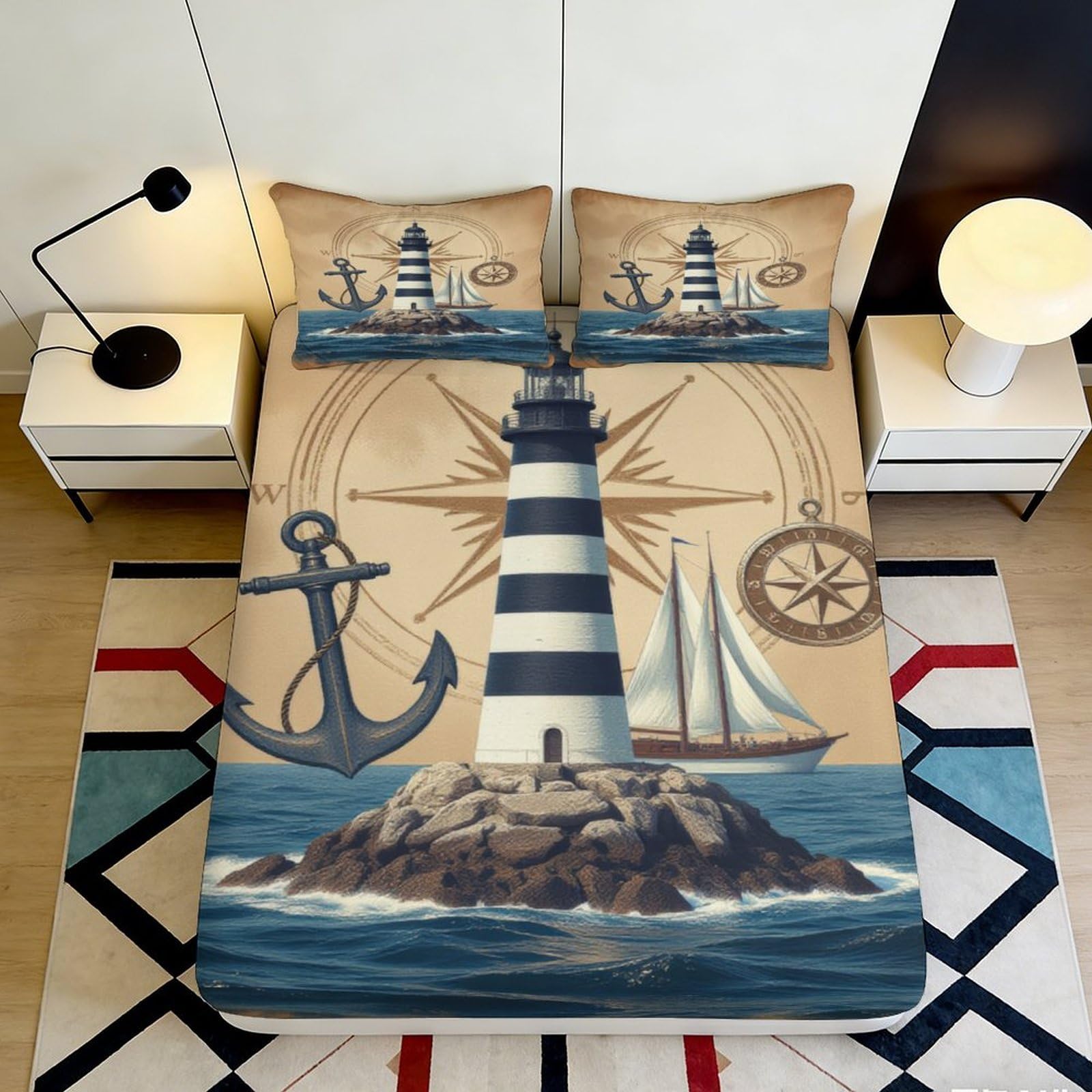 3D Printed Lighthouse Anchor Fitted Sheet Microfiber Non-Slip Bed Cover Nautical Decor for Bedroom Guest Room Easy Care 200x200x25cm