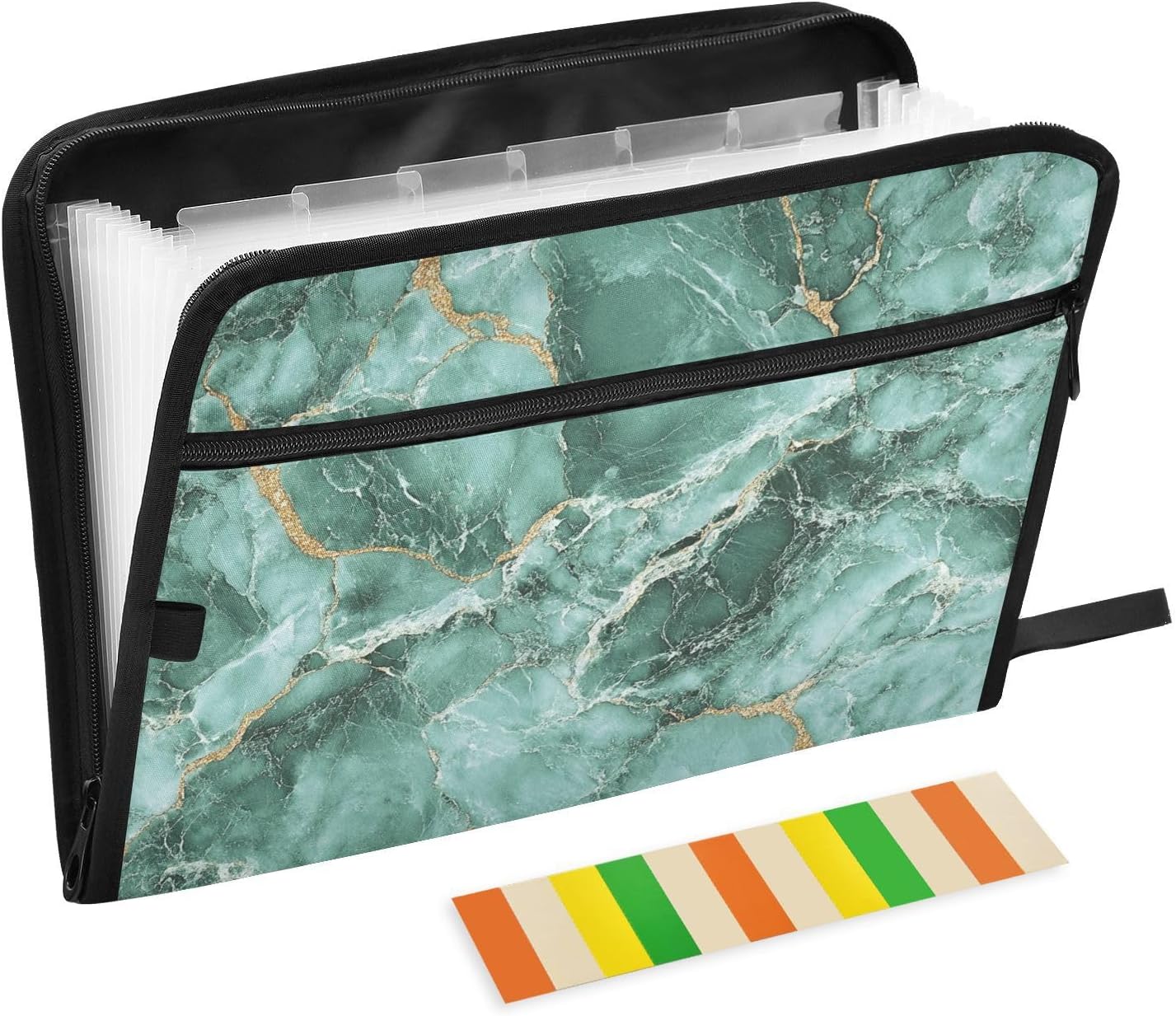 Green Gold Irregular Marble Texture Expanding Folder 13 Pockets A4 Letter Size Expandable File Jackets with Zipper Closure File Organizer Expanding Folder for Home Office