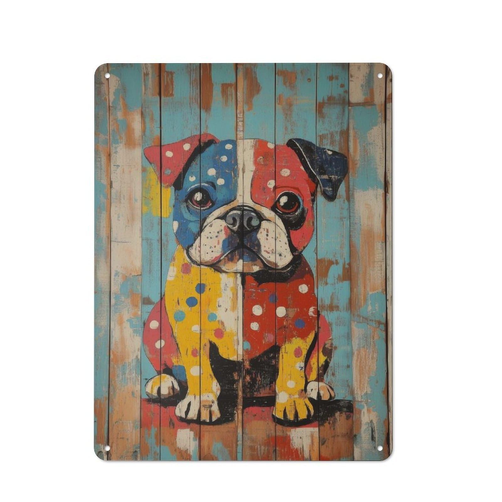 Junmoney Colorful Bulldog Painting On Wood Planks Bul Metal Wall Sign 40X30cm Featuring Ldog Wall Art For Hallway Wall, Suited To Wall Display Collectors
