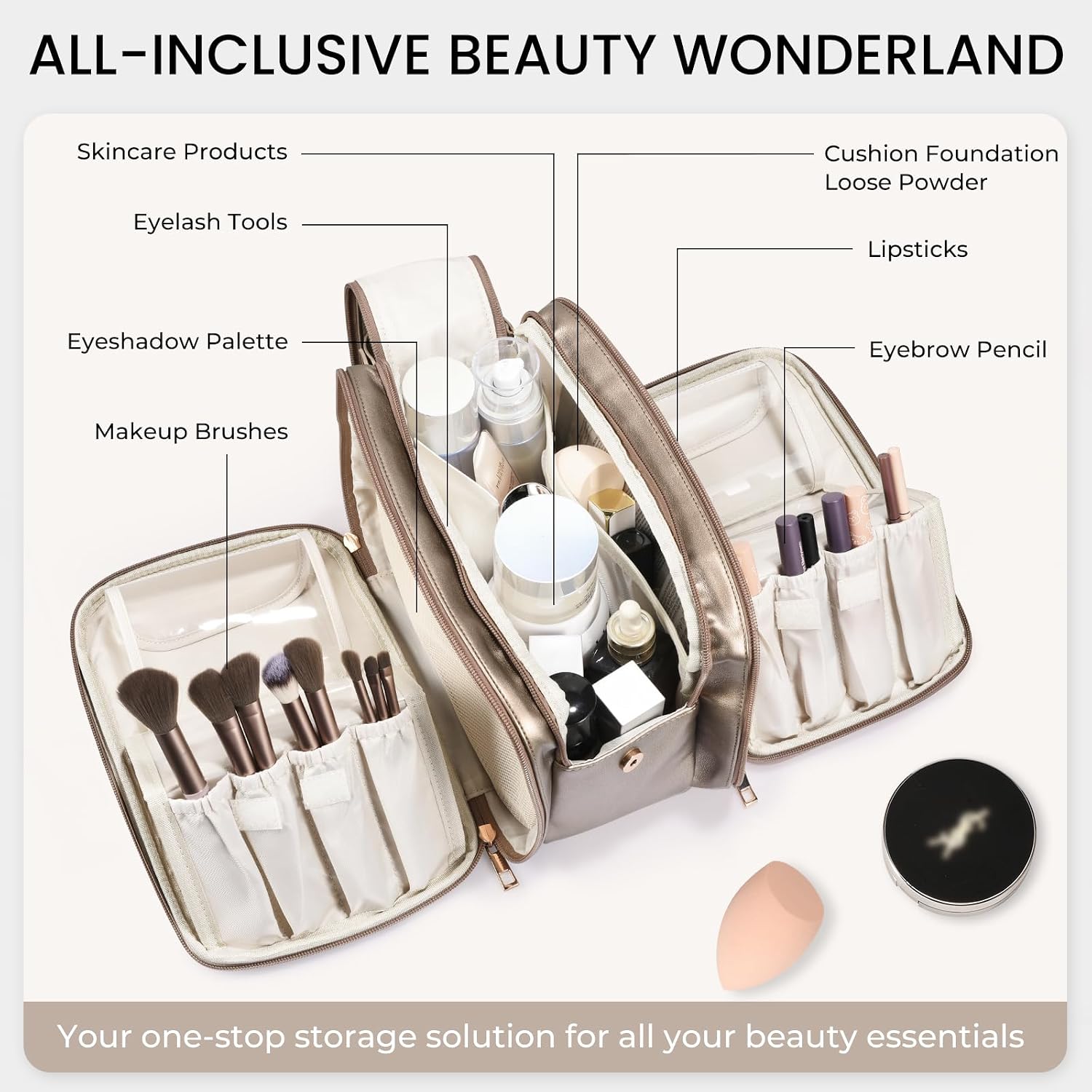 travel makeup bag women's large capacity cosmetic portable organizer large opening waterproof storage toiletry bags vertical free-standing brush holder for easy access copper