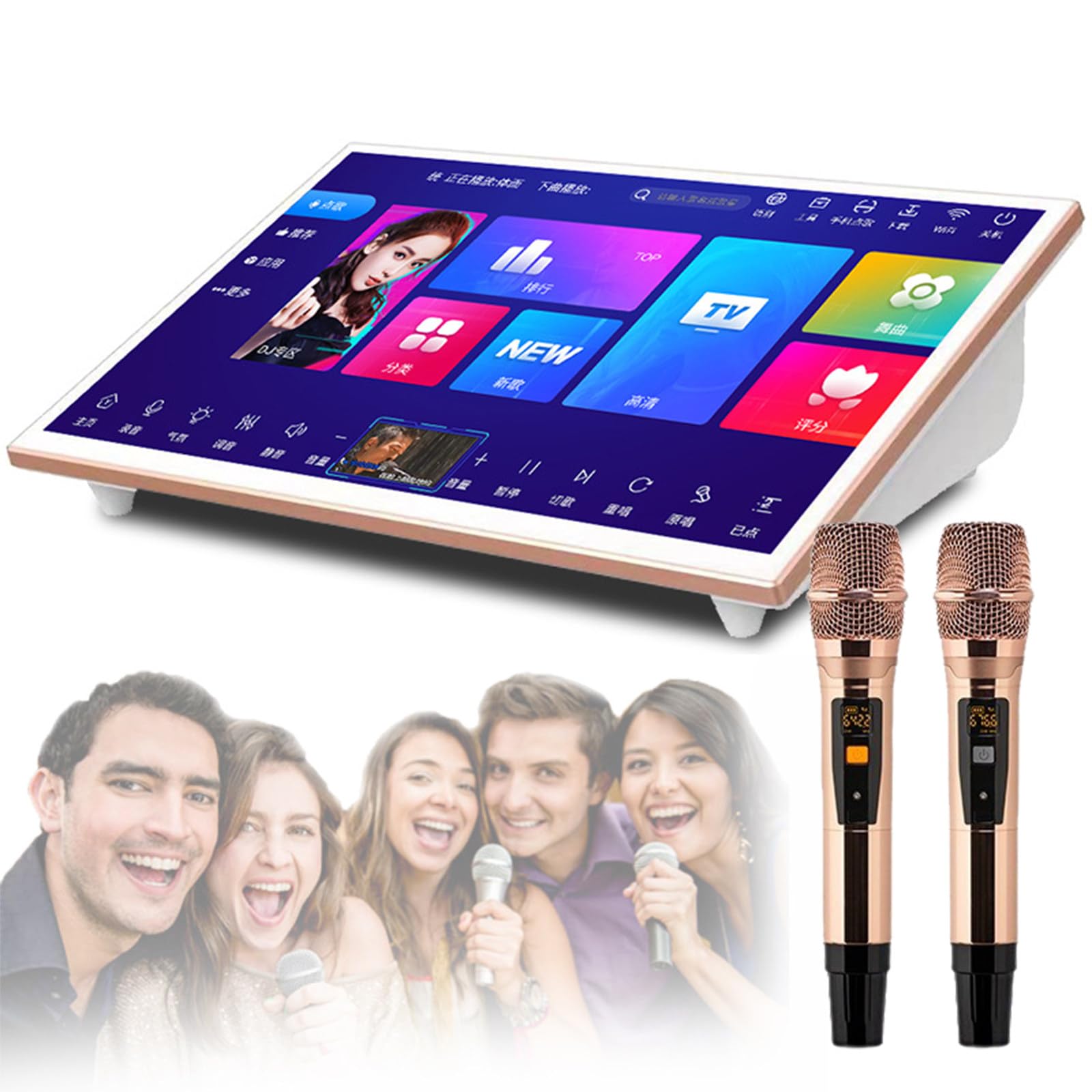18.5 inch Portable Karaoke System, 1T/2T /3T/4T/6T/8T Capacitive Touch Screen Karaoke Machine with 2 Wireless Mic for Family Parties Bar, for Singing, Movie Watching, Games, Youtube White-3T