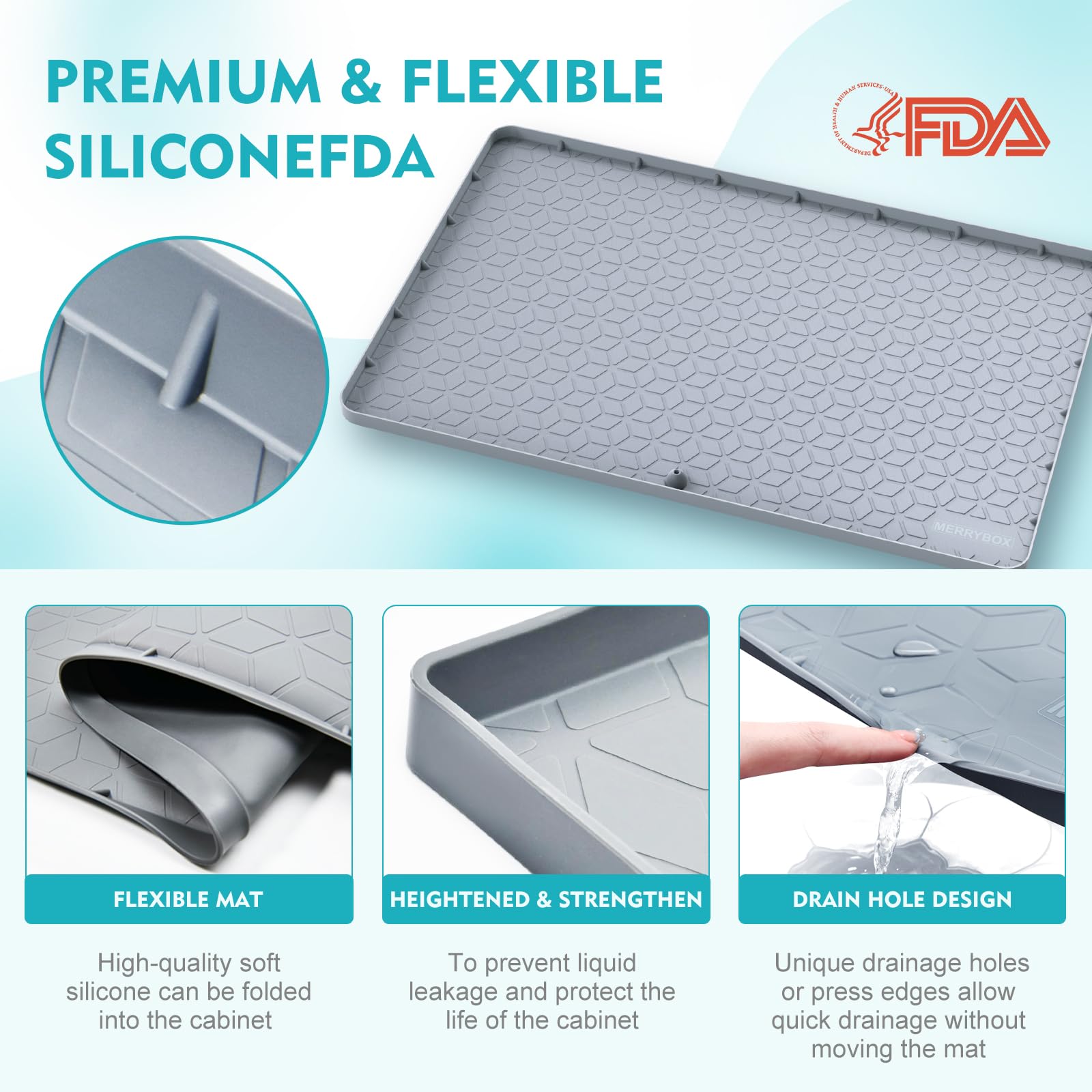 Under Sink Mat for Kitchen Cabinet Waterproof, 34" x 22" Silicone Under Sink Liner Protector for Bathroom/Kitchen, Under Sink Drip Tray Fits 36'' Cabinet, Thick Edge Cabinet Mat with Drain Hole-Grey