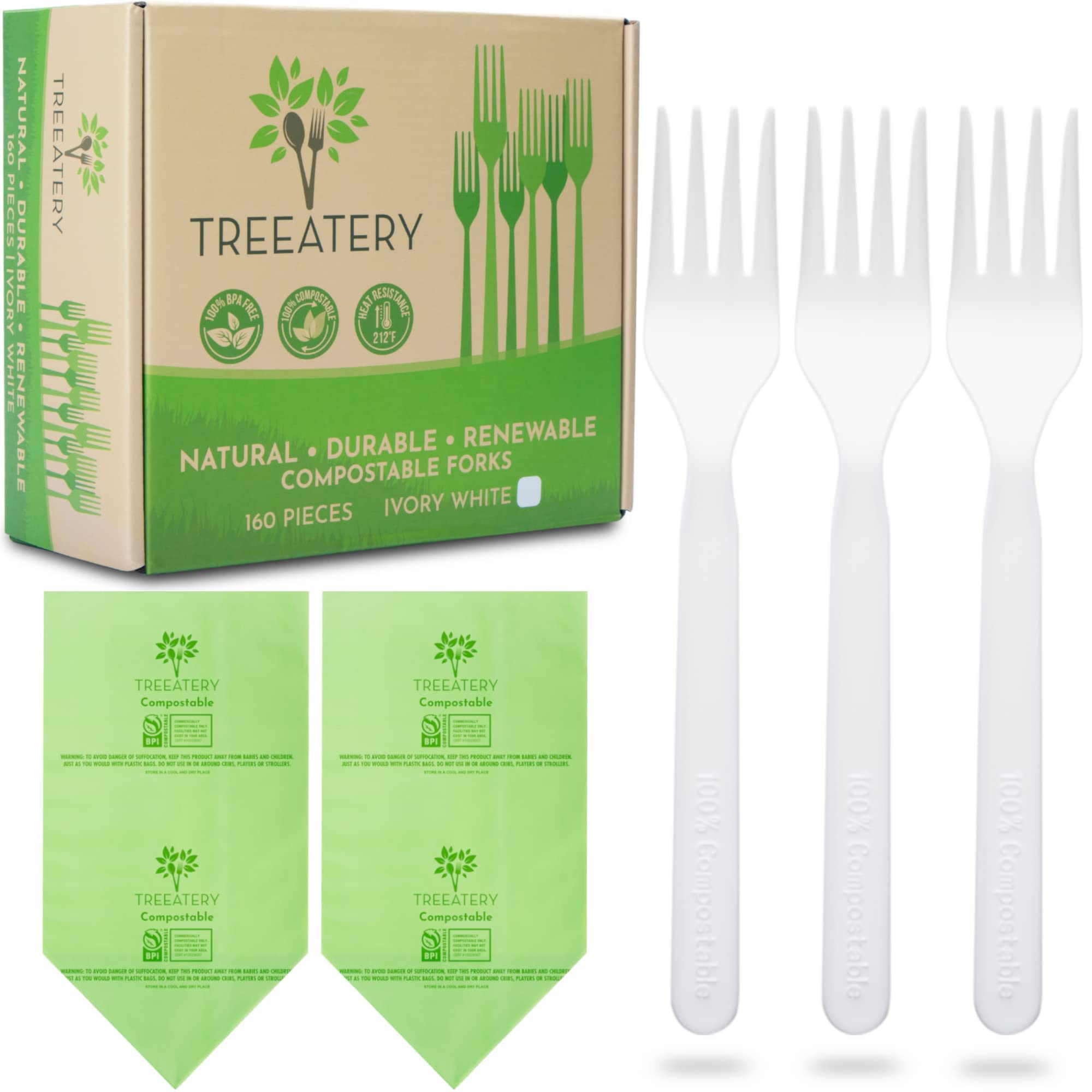 Treeatery500 Compostable Forks Bulk Value Pack - Plant A Tree With Every Box - Eco Friendly Compostable Utensils - BPI Certified Plant-Based Disposable Forks