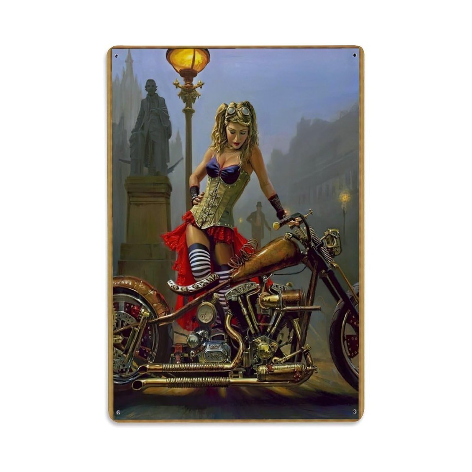 Retro Pin-Up Sexy Biker Girl Chopper Motorbike Aesthetic Metal Tin Sign Plaque Wall Decor for Cafe, Man Cave, Club Bar, Office, Home Garden Round Metal Poster 8x12Inch
