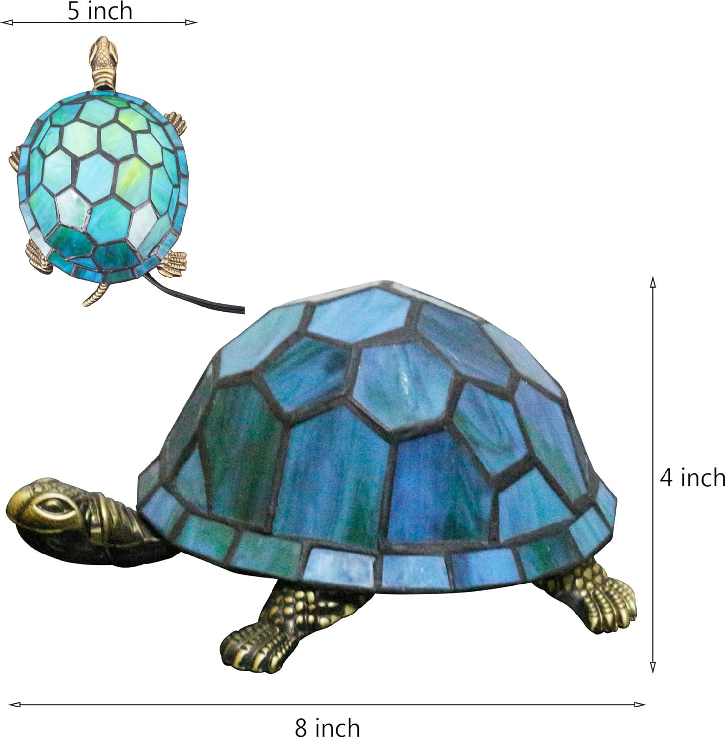 Tiffany Tortoise Lamp Small Stained Glass Turtle Desk Lamp 8X5X4 Inch Animal Antique Accent Table Light (Sea Blue Turtle)