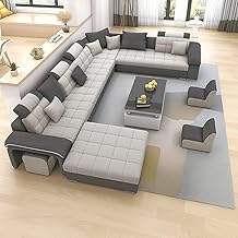 FURNART Modern U-Shaped Sectional Sofa Set with Storage | 9 Seater Sofa Couch with Puffy Stools | Wooden Frame | Premium Fabric | for Living Room & Guest Hall (Grey & Silver)