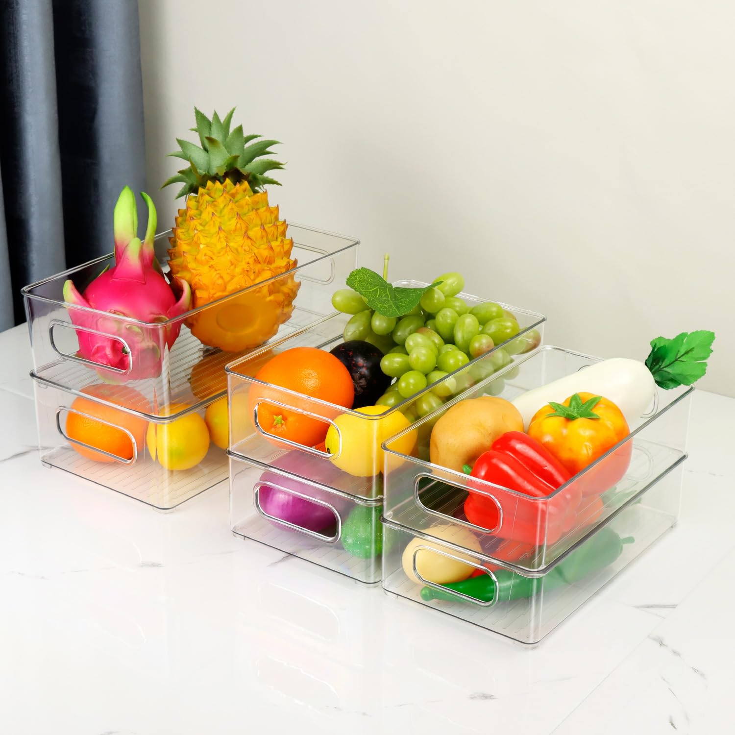 QWORK 6er Set Kühlschrank Organizer – Stapelbare Aufbewahrungsboxen Transparent, 3 Größen, Aus PET-Kunststoff, Mit Griffen, Für Küche & Speisekammer