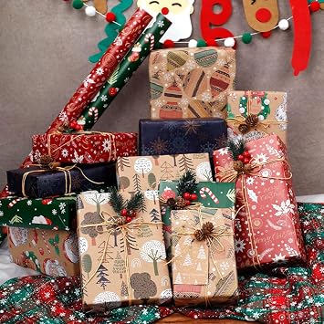 12 Sheets Kraft Christmas Gifts Wrapping Papers Set With Tags Stickers and Twine, Thick Recyclable Xmas Gift Wrap Paper for Kids Children Adults Present Arts Crafts Decorations, Large Size 50X70 cm