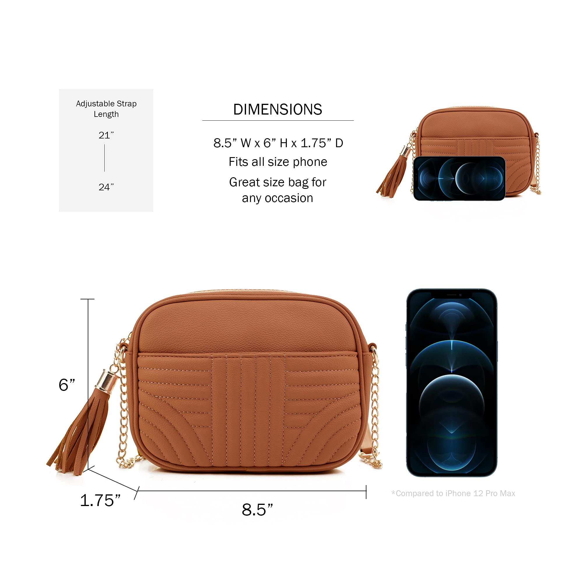 EVVE Quilted Crossbody Bags for Women - Stylish Camera Bag with Tassel - Lightweight Medium Size Shoulder Purse