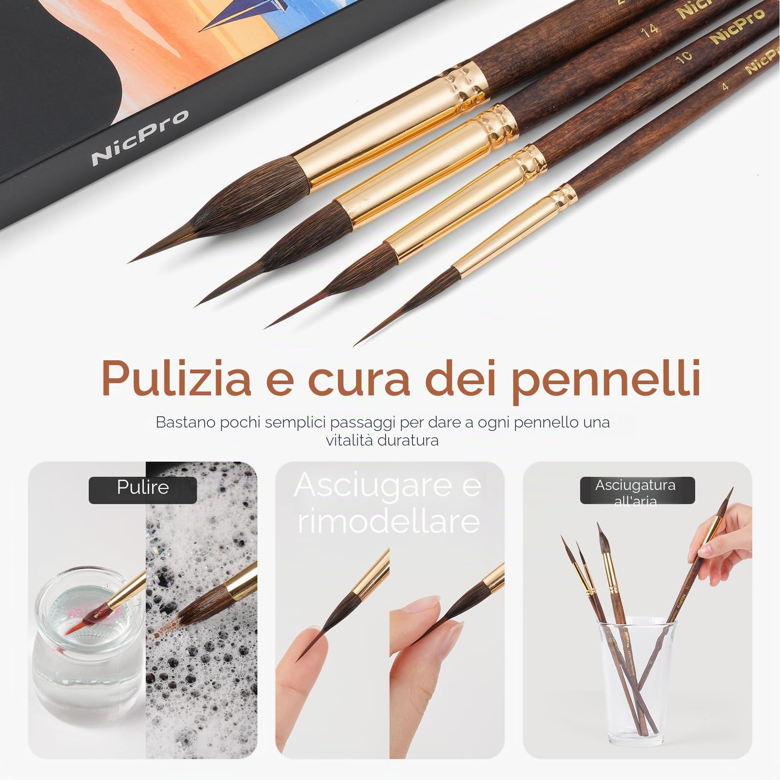 Nicpro 8 pennelli acquerello professionali, pennelli per dipingere, set pennelli pittura in martora con punta sintetica extra lunga per dettagli fini- Pittura con acquerello acrilico guazzo inchiostro