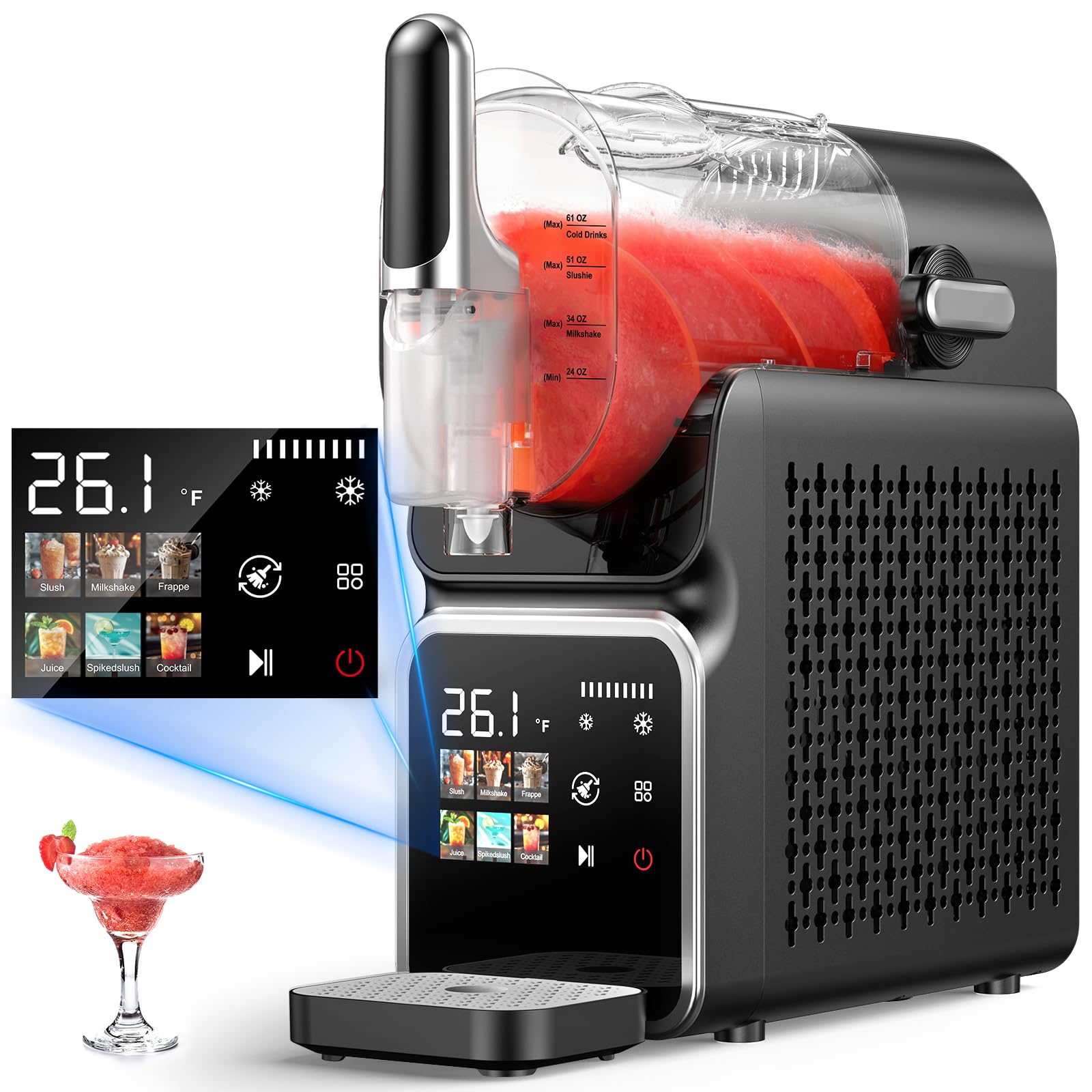 Slushie Machine No Ice Needed, Auto-Clean, Slushy Machine for Home, 220W Quick Frozen Drink Maker with 6 Preset Programs for Margaritas, Frappés, Milk Shake and More, LED Display, Black, 88oz
