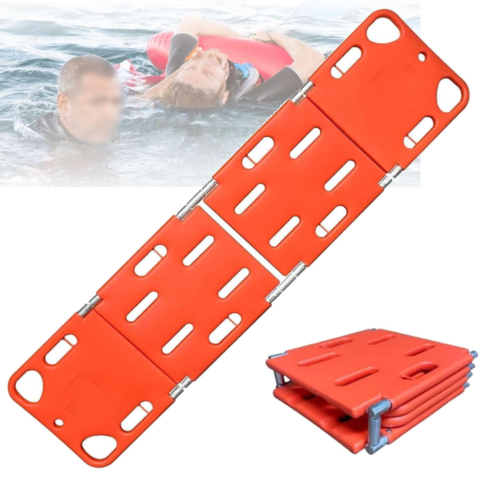 Faltbare Spineboard-Trage, geeignet für Notfälle, mobiler Patiententransport, schwimmendes Spineboard, Imlizat-Ambulanztrage aus PE-Kunststoff, vierfach faltbar.