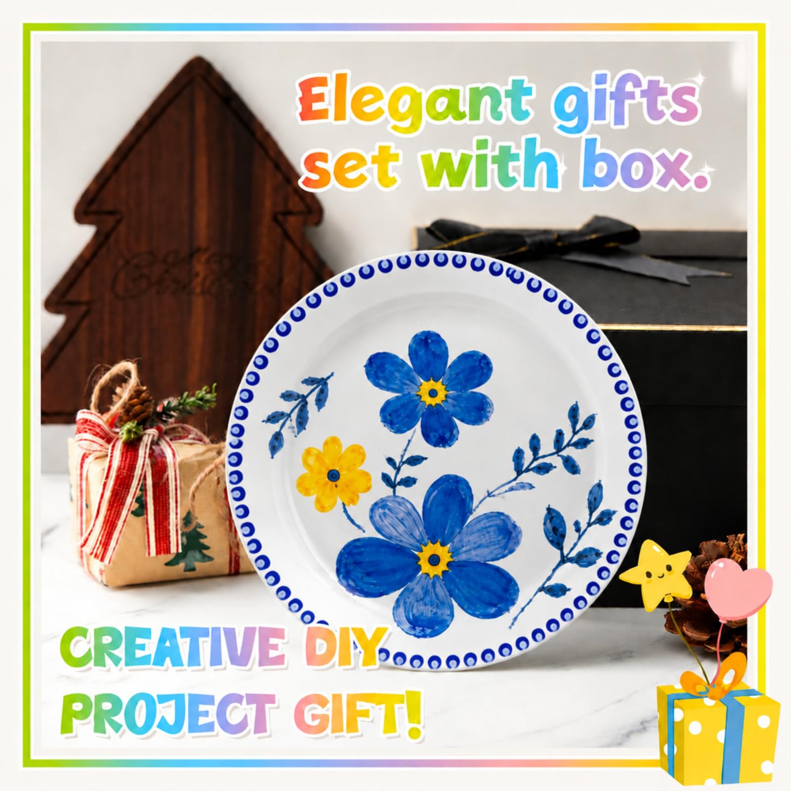 Sinmoe Kit per Dipingere Piatti in Ceramica Include 4 Piatti in Porcellana 3 Pennelli e 12 Colori Acrilici e 1 Scatola Regalo e 1 Tavolozza da Dipingere(8 Pollici,Lusso Moderno,4 Pezzi)