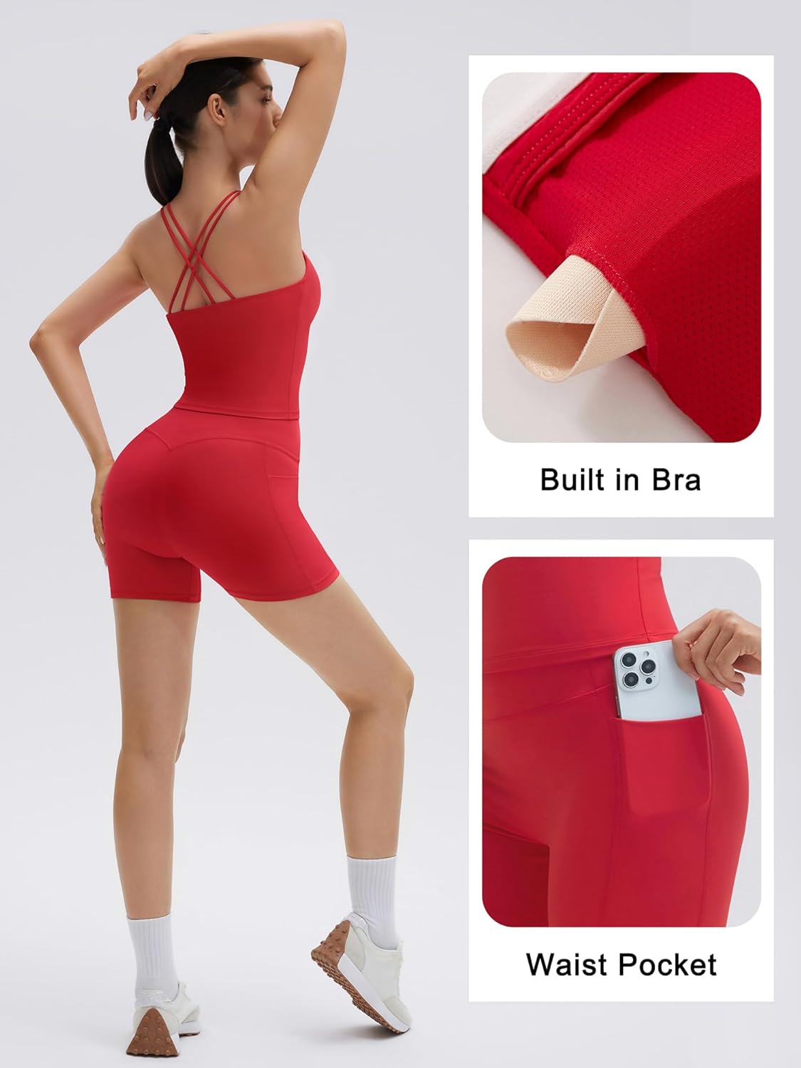 SUUKSESS Women 2 Piece Workout Sets Built in Bra Open Back Tank Tops High Waisted Biker Shorts with Pockets - Image 3