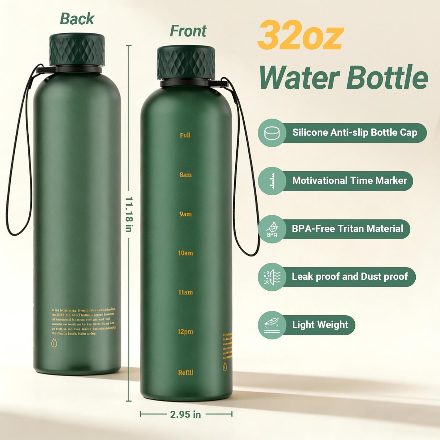 Sursip Slim Water Bottle 32 oz, Lightweight Shatterproof Tritan Water Bottle with Leakproof Screw Lid, Motivational Time Markers & Carry Strap, Fits Backpack & Cup Holder for Gym, Travel, School