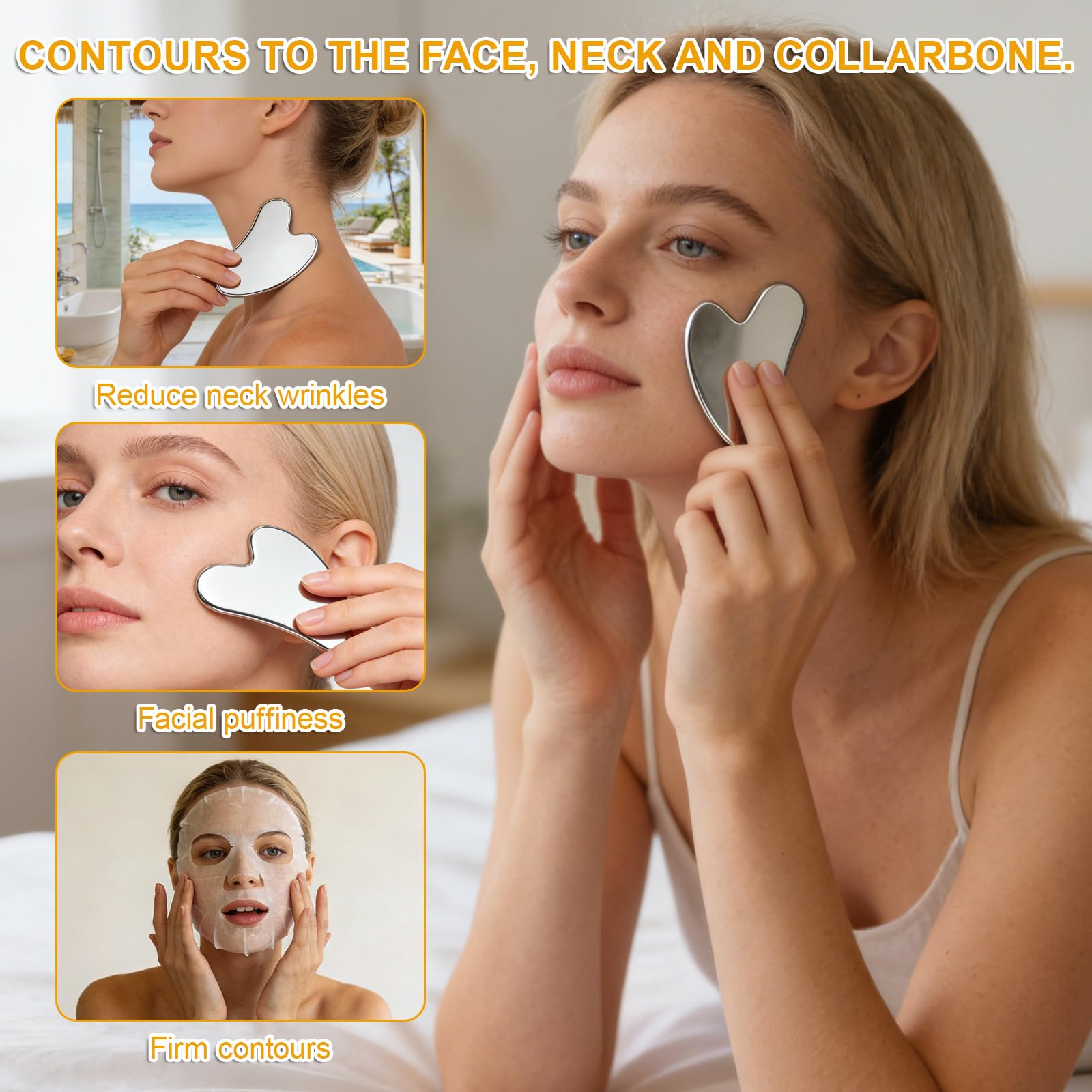 4 Articles Gua sha acier inoxydable, Guasha pour visage et Corps, Uasha Pour Le Corps, Outils de Massage Fascial Anti-Fatigue, 1 Portable avec Poche en Laine.