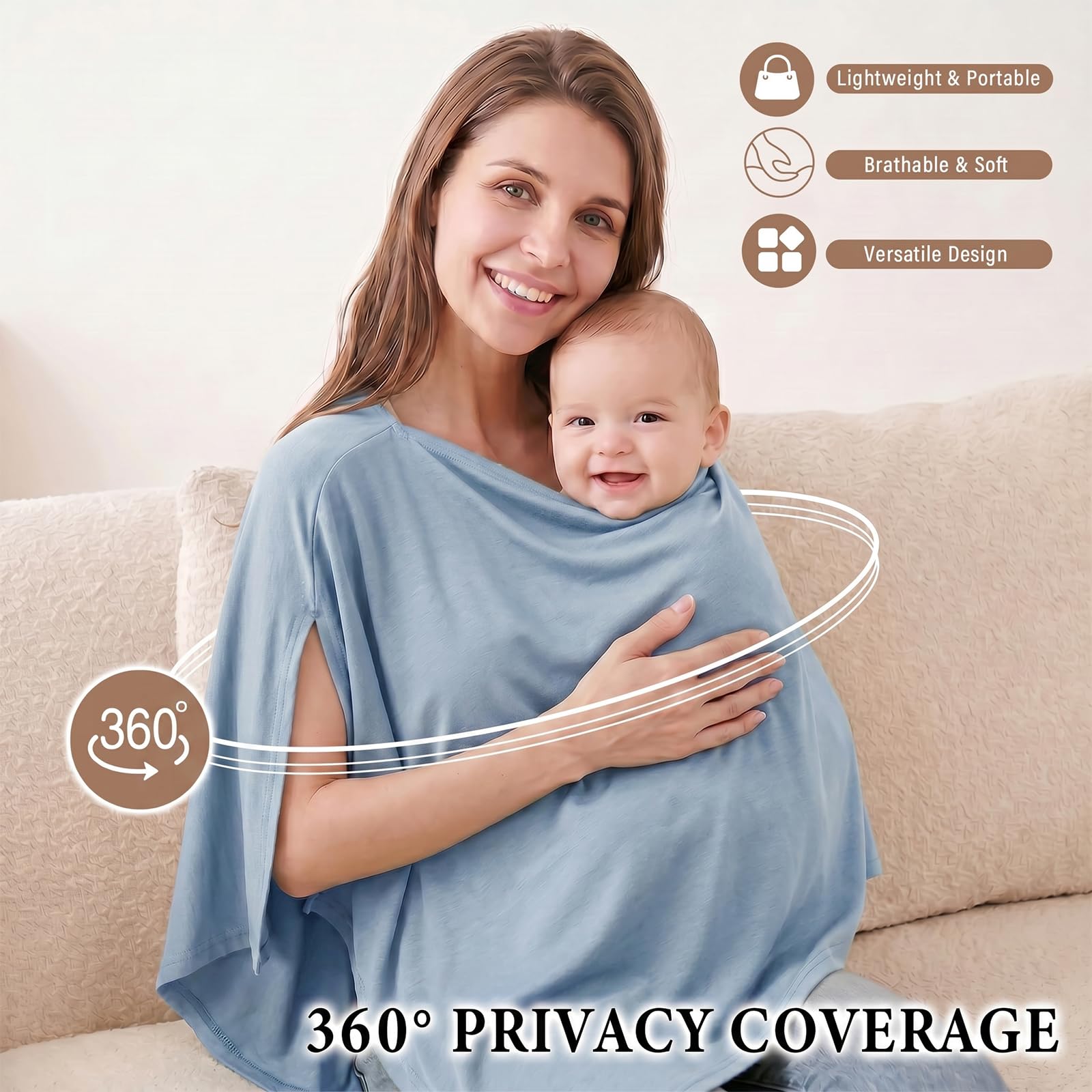 Cubierta de Lactancia, Pañuelo de Lactancia de Modal Suave para Mamá, Protección 360° Multiuso y Transpirable, Estilo Poncho para Cochecito, Asiento de Coche o Chal (Azul)