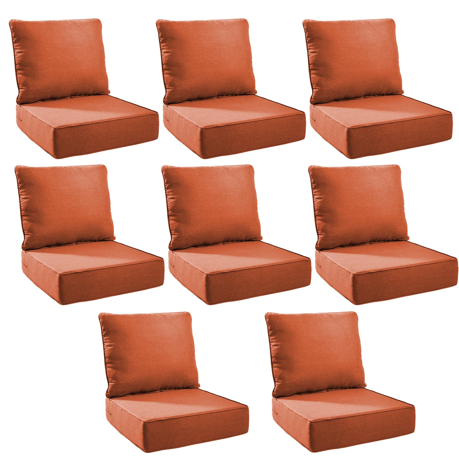 Outdoor Cushion Set for Patio Furniture, UV Resistant, Water Resistant - 6 Inch Thick Foam Garden Cushions– 24x24 Inch Patio Seat Covers for Chair/Sofa/Couch | Orange | 8-Pack |