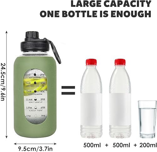 Miniatura 5 de Botella de agua de vidrio de 40 onzas con tapa de asa, marcador de tiempo, jarra de agua deportiva motivacional con funda de silicona, botella de