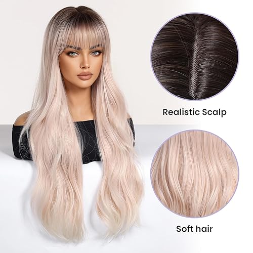 Miniatura 10 de YOUGRACE Peluca larga de mezcla marrón con flequillo, pelucas rizadas y onduladas de color marrón para mujer, 26 pulgadas, peluca de fibra sintética