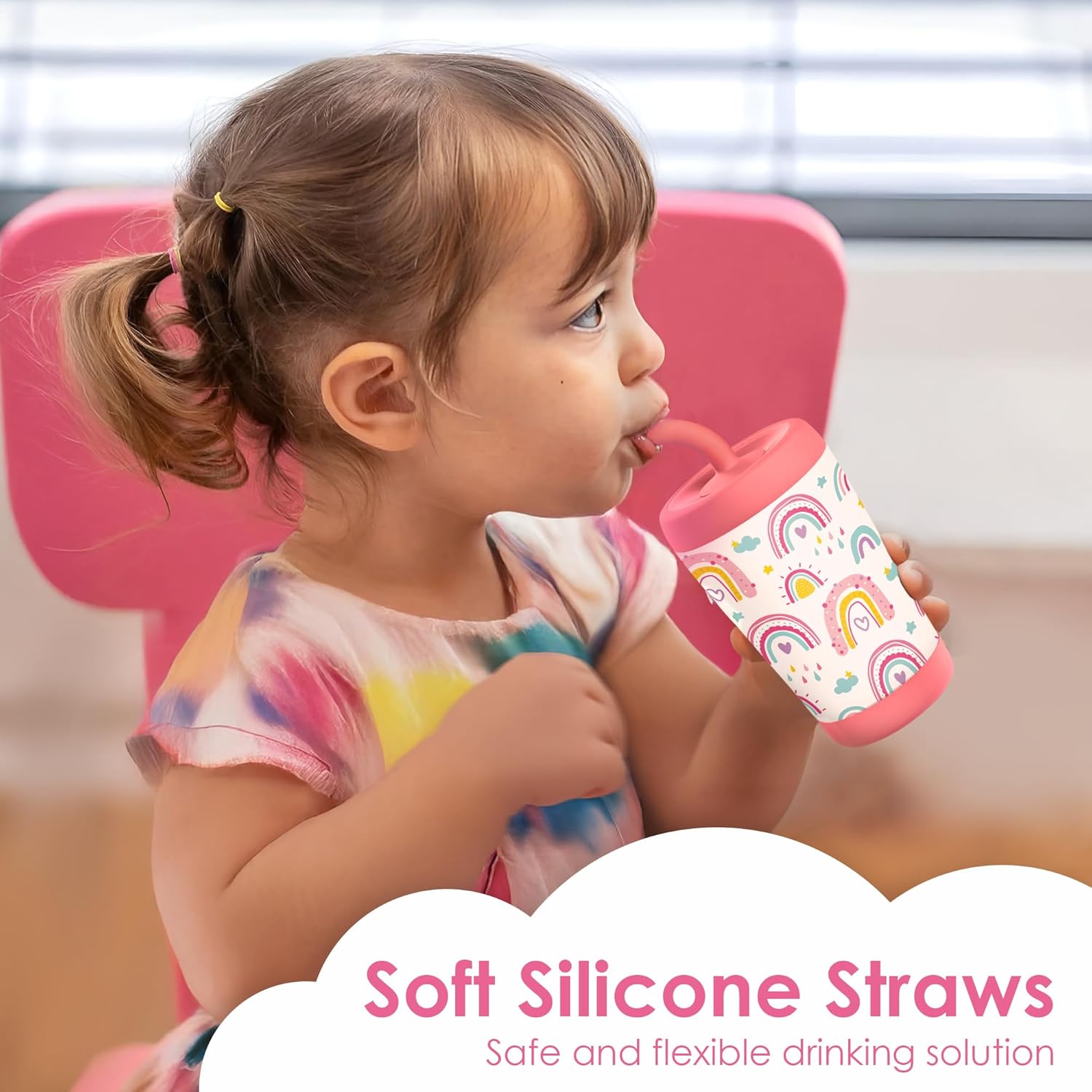 Kid Insulated Stainless Steel Tumbler with Silicone Straw, 12oz Sippy Cup for Kids (Sweet Rainbows) - Image 5