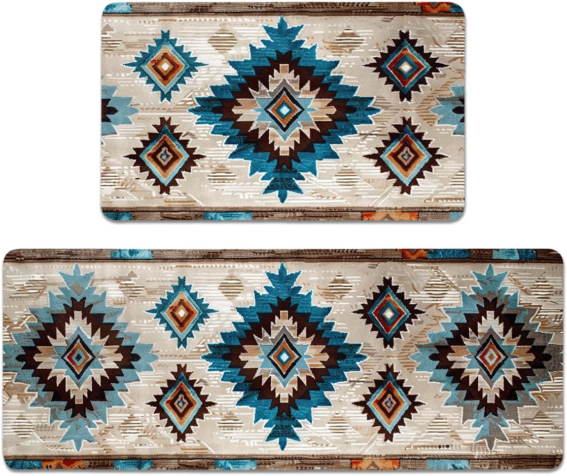 Navajo Kitchen Rugs Set of 2, Geometric Farmhouse Style Kitchen Mats with Rubber Backing Non Skid Washable, Southwestern Kitchen Decorations (17" x 29 + 17" x 47")