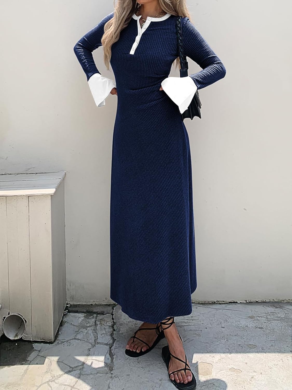 Womens Sweater Dress V Neck Ribbed Maxi Dress Long Bell Sleeves Button Down Slim Fit Bodycon Casual Knit Dress - Image 2