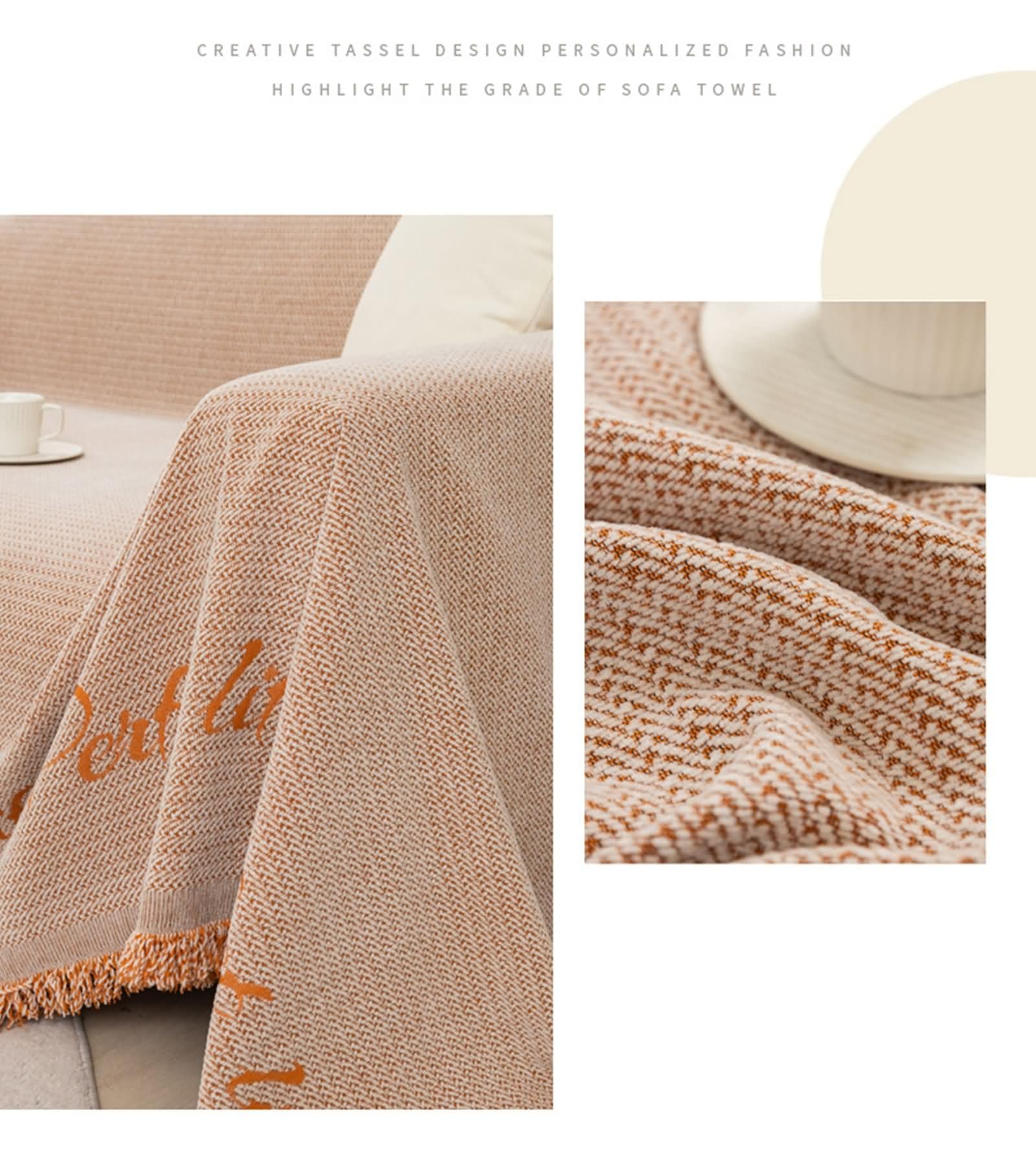 Housse Canapé Lit 2 Places, Universel Couverture pour Canapé Couleur Unie avec Lettres imprimées et Pompon Orange en Chenille, 180x200cm