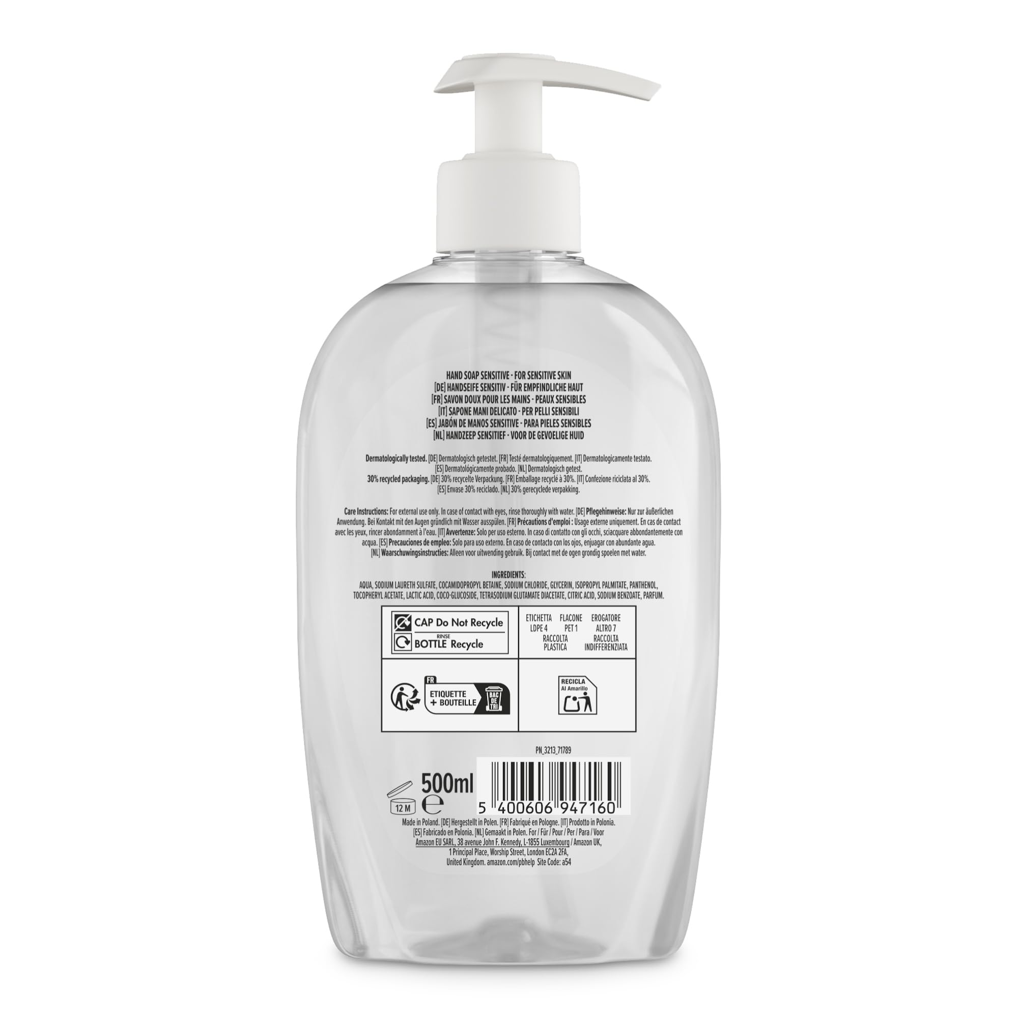 by Amazon Savon pour les mains Peaux sensibles, 4 x 500 ml