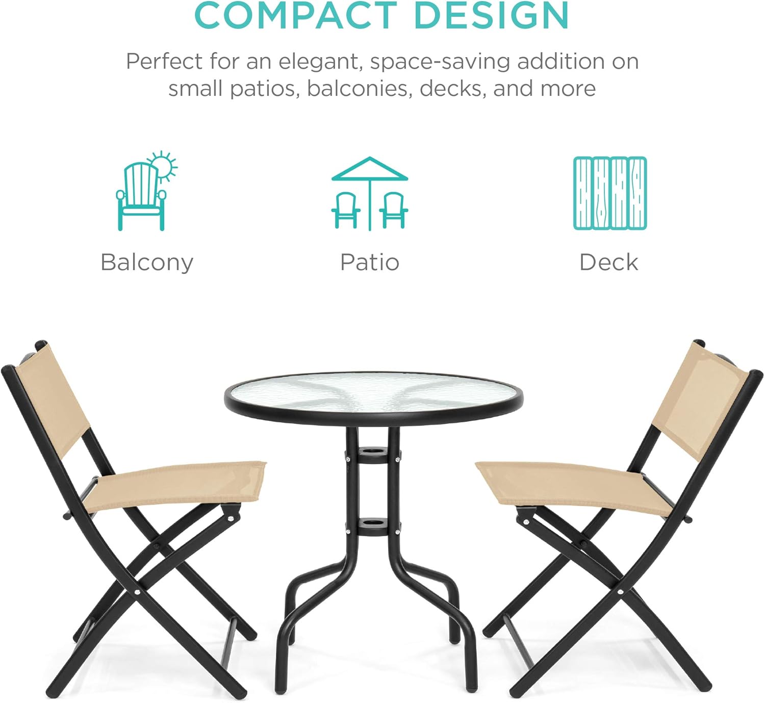 Best Choice Products 3-Piece Patio Bistro Dining Furniture Set w/Textured Glass Table Top, 2 Folding Chairs, Steel Frame, Polyester Fabric - Beige : Everything Else
