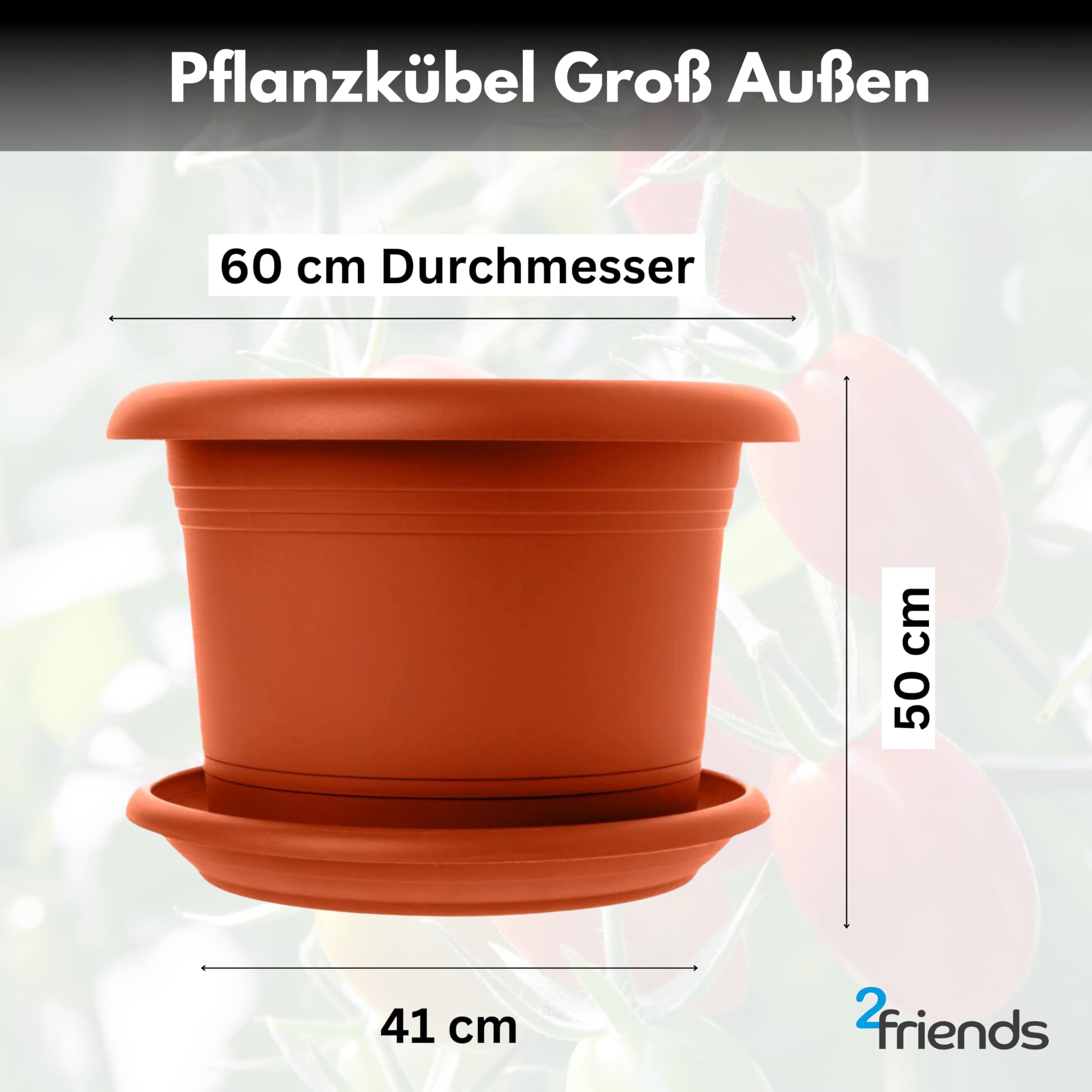 2er Set Blumentopf Groß mit Untersetzer, 60 cm Durchmesser, Terracotta, Pflanzkübel Groß Außen, Blumenkübel außenbereich, Pflanztopf groß außen, Wetterfest, Made in Germany