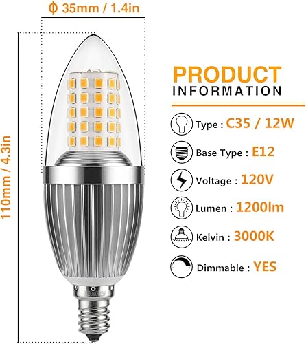 Miniatura 10 de Bombilla LED para candelabro, no regulable, equivalente a 100 vatios, bombillas LED de vela de 12 W, luz blanca diurna 6000 K, 120 V, 1200 lúmenes,