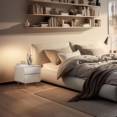 Miniatura 7 de Mesita de noche corta, mesita de noche de madera blanca con 2 cajones, elegante y moderna mesita de noche pequeña para dormitorio, dormitorio (17.71