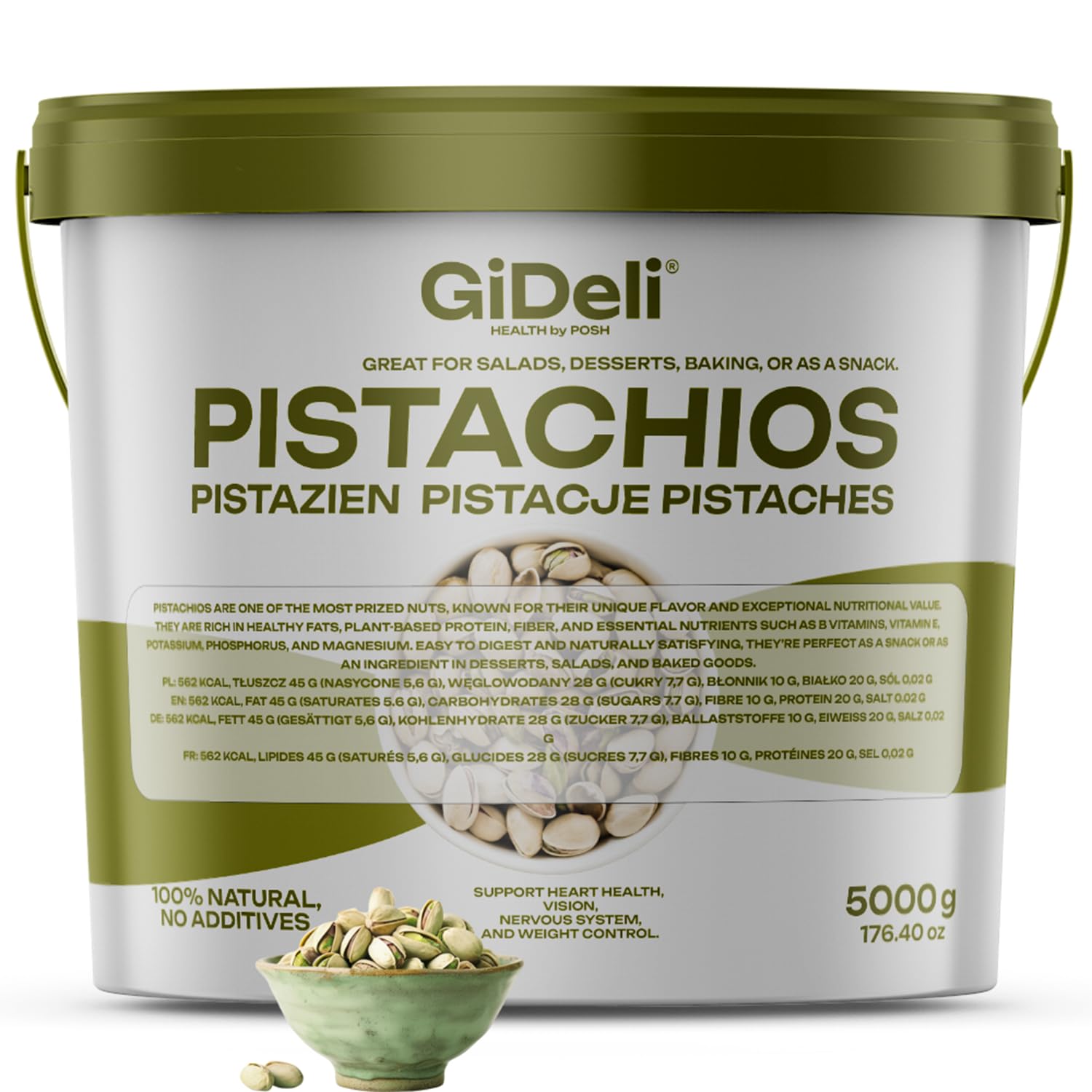 GiDeli Pistazien geröstet und gesalzen 5 kg im Eimer mit Schale herzhafter Snack ideal für Aperitifs und Partys