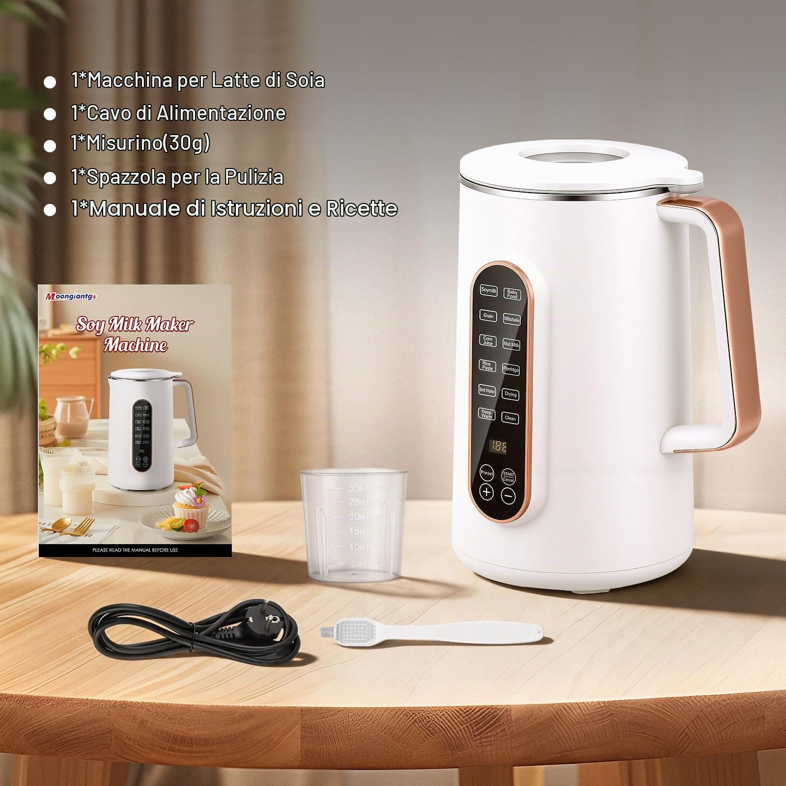 Moongiantgo 1,2L 8-in-1 Macchina per Latte Vegetale, Senza Filtraggio | Con 10 Lame, Avvio Ritardato 12h, Autopulizia e Mantenimento Caldo, Machine à Lait de Soja Multifunzione per Avena